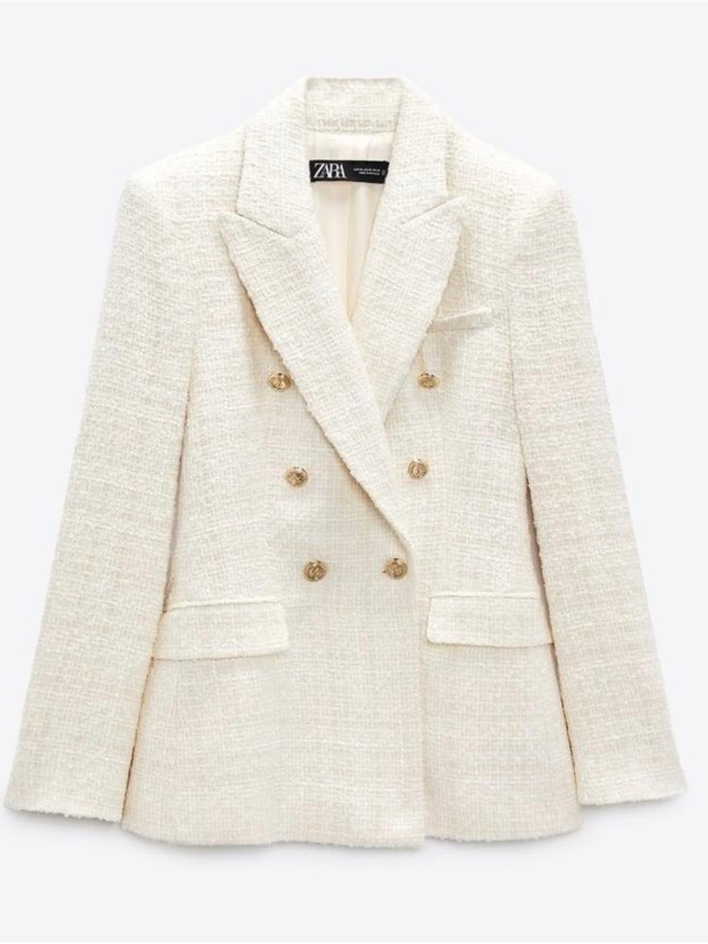 NWOT Zara Cream Double-Breasted Bouclé Blazer with Gold Buttons - Picture 2 of 5